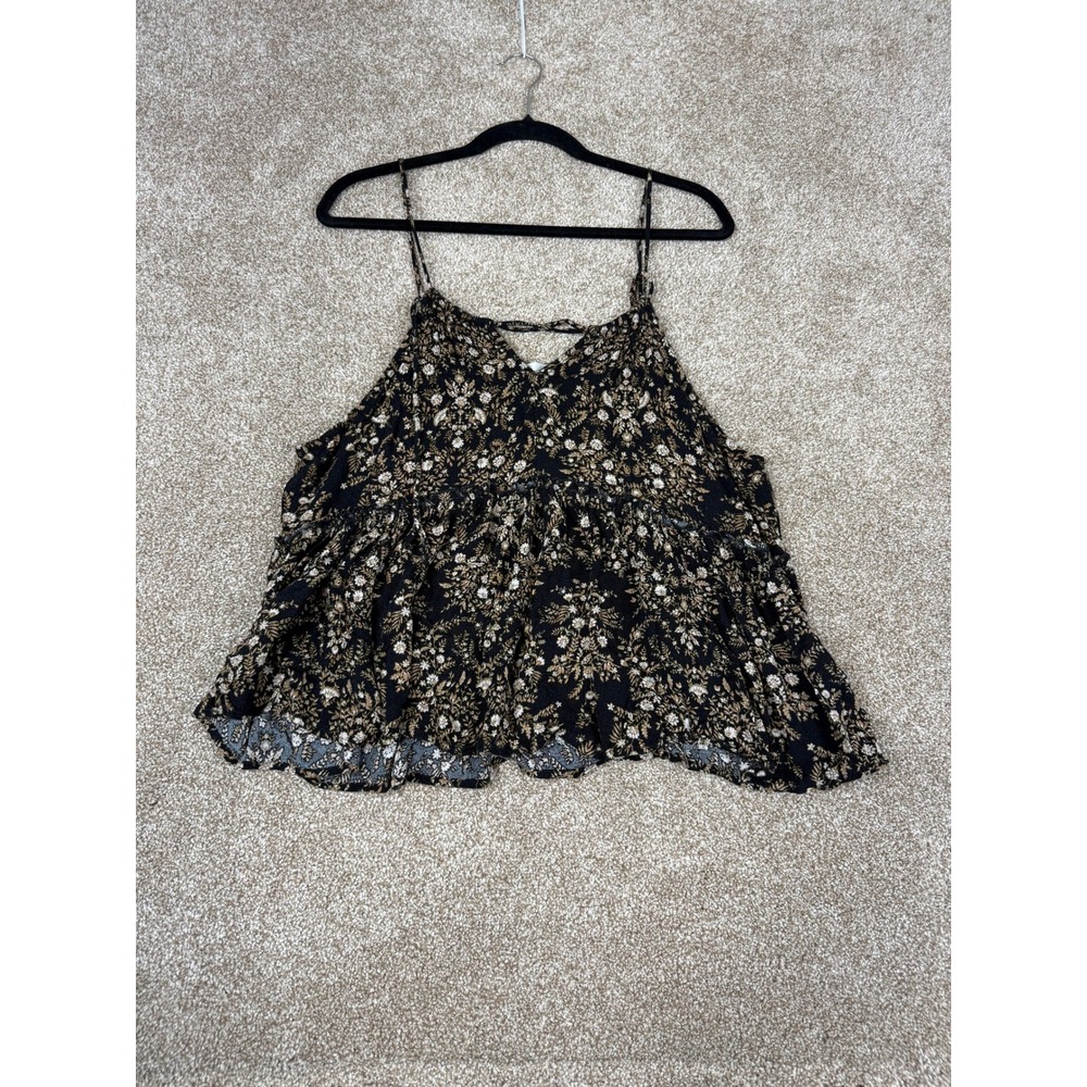 Sugarfox Womens‎ Large CamiBlack Floral Babydoll Top Ruffle Peplum Boho Festival